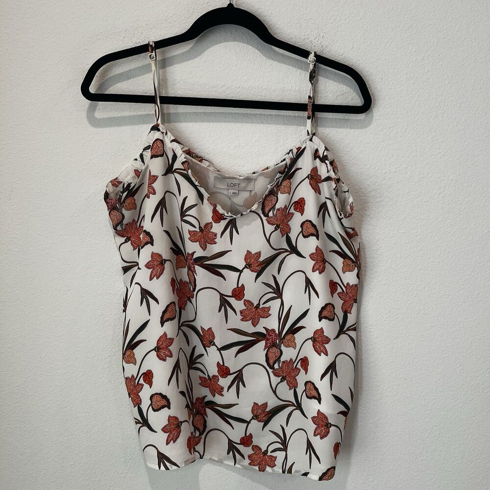 Loft White Floral Raffle Cami Tank Top Sz L Casual Chic Brunch Vacation